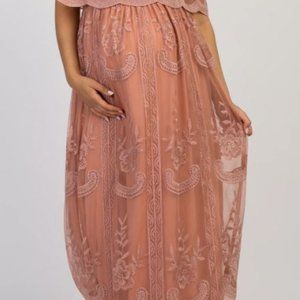Light Pink Lace Mesh Overlay Off Shoulder Maternity Maxi Dress